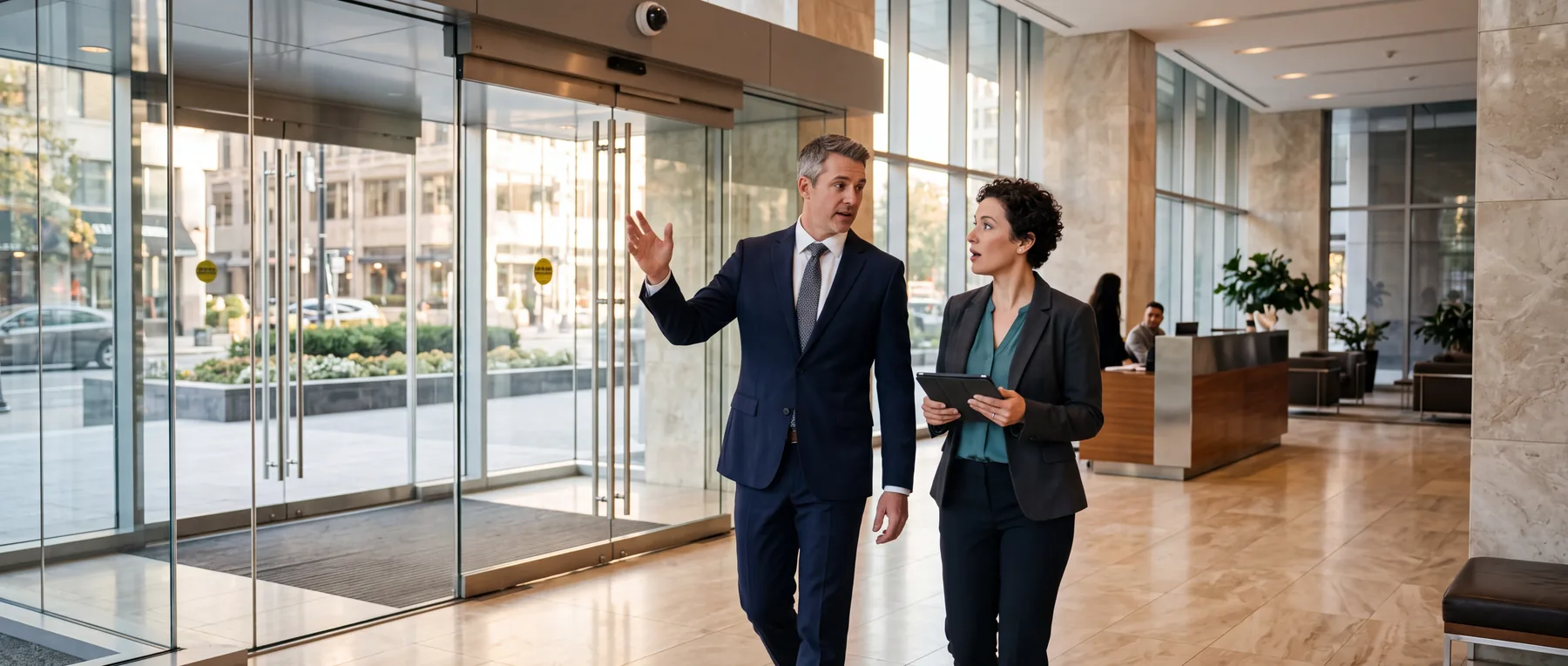 A Praxon Security manager walking a condominium lobby with a property manager, reviewing the entrance and access points