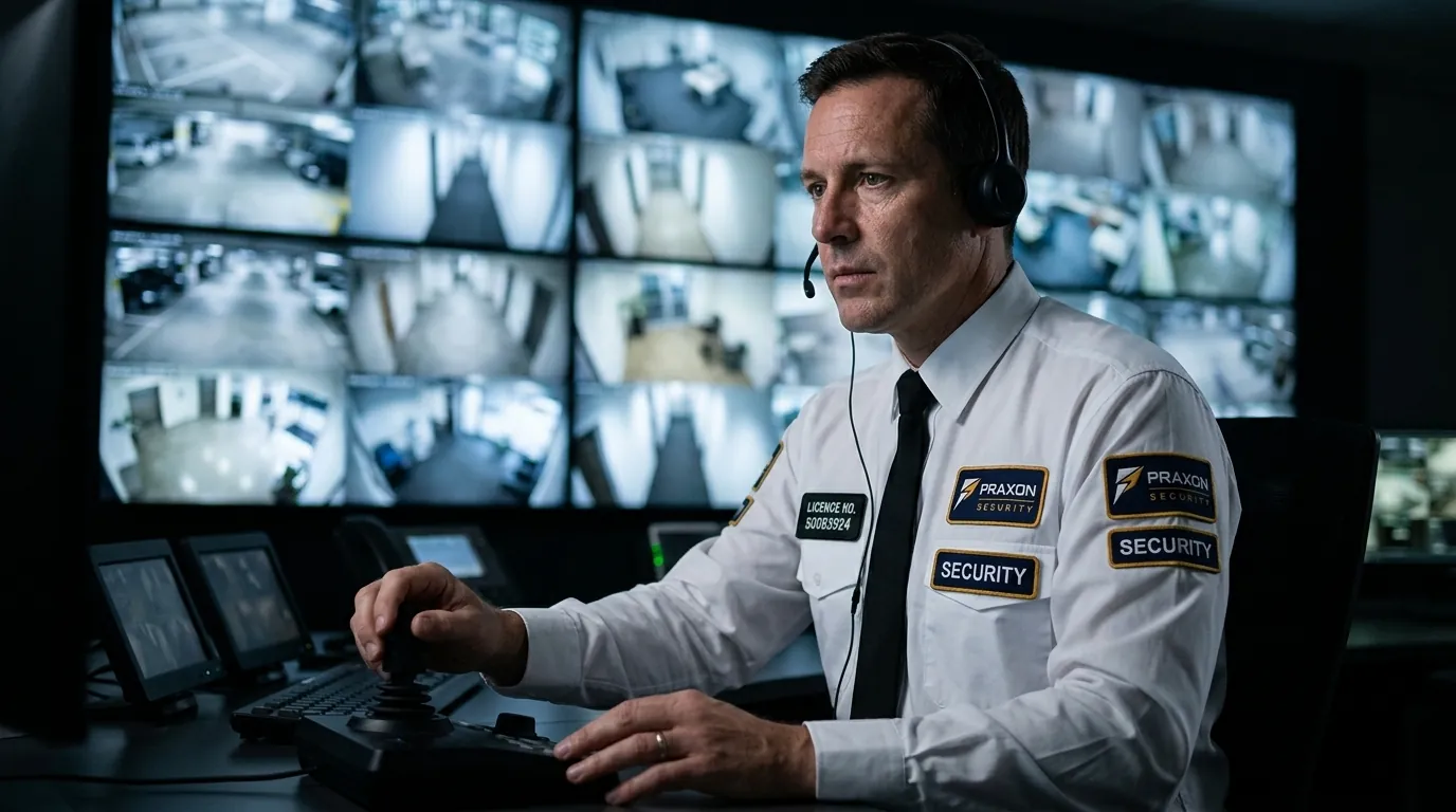 A Praxon Security operator monitoring live camera feeds in a control room