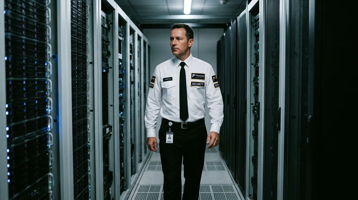 A Praxon officer walking a data centre corridor
