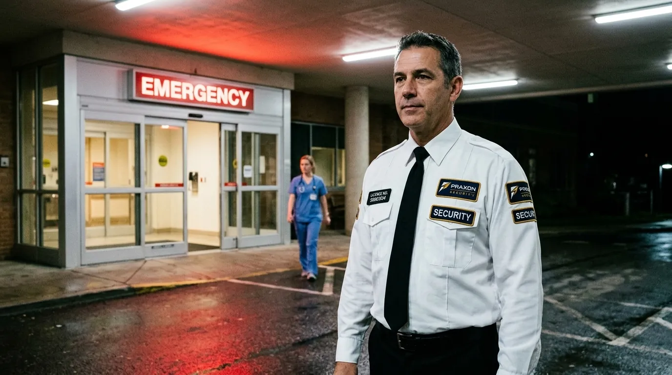 A Praxon officer at a hospital emergency entrance at night